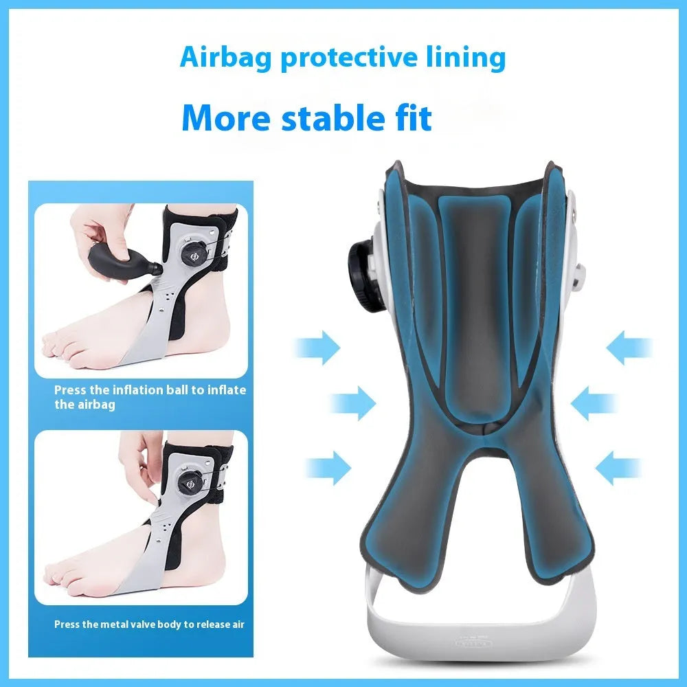 Grey and black ankle fixation brace with airbag button support mechanism for training and rehabilitation