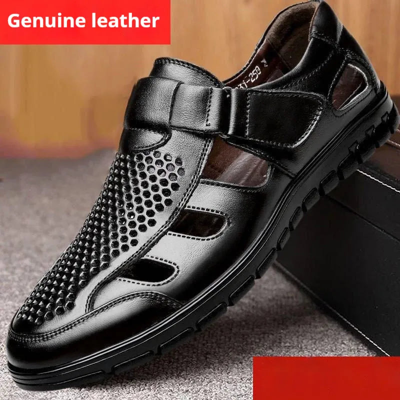 Men's business casual hollow leather sandals with holes, Velcro fastening, black or brown, sizes 38 to 44.