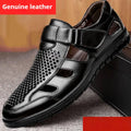 Men's business casual hollow leather sandals with holes, Velcro fastening, black or brown, sizes 38 to 44.