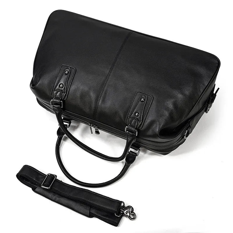 Men's retro genuine leather travel bag in black, 50cm x 18cm x 28cm large capacity holdall for business travel