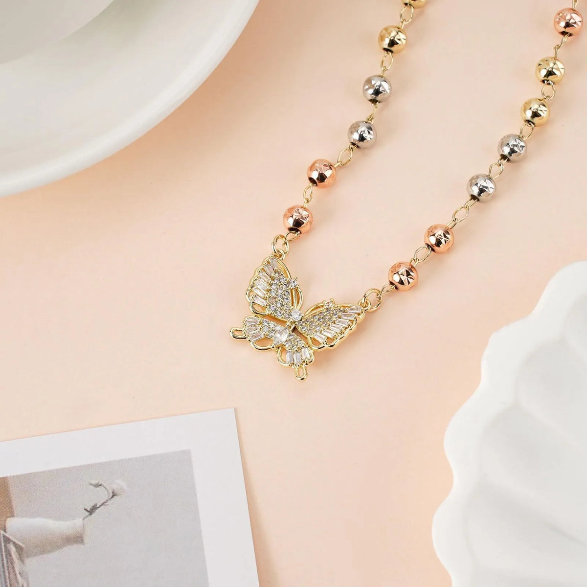 Gold butterfly necklace with zircon inlay, adjustable stainless steel women's jewellery for gifts