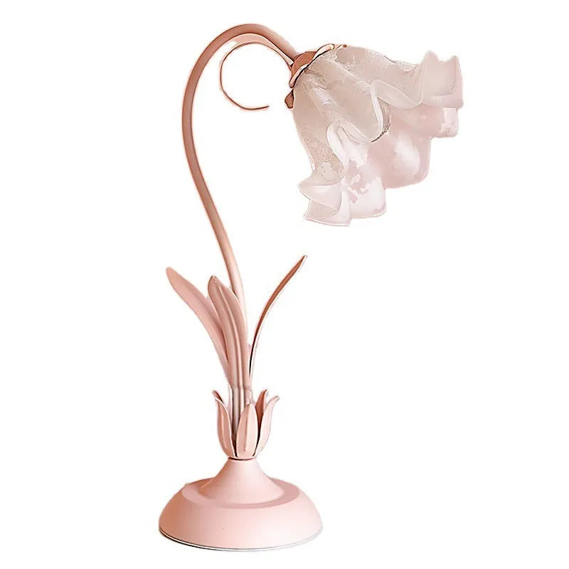 Pink flower princess desk lamp, 52cm high, glass shade, ceramic flowers, iron body, European style