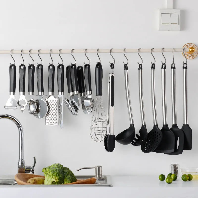 Black silicone spatula spoon set with stainless steel handles - 16 piece kitchen utensil collection