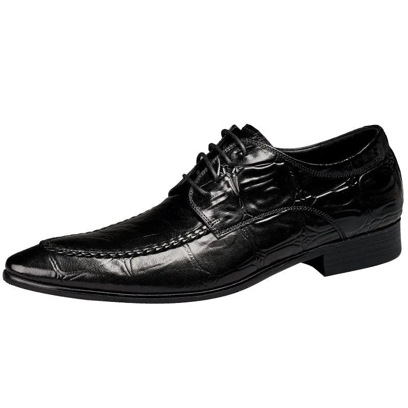 Men's black and brown leather shoes with alligator pattern and horse bit buckle in British business style