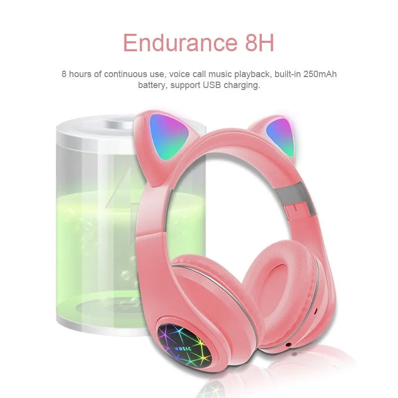 Wireless cat ear Bluetooth headset in multiple colours, showing head-mounted design for sports and music.