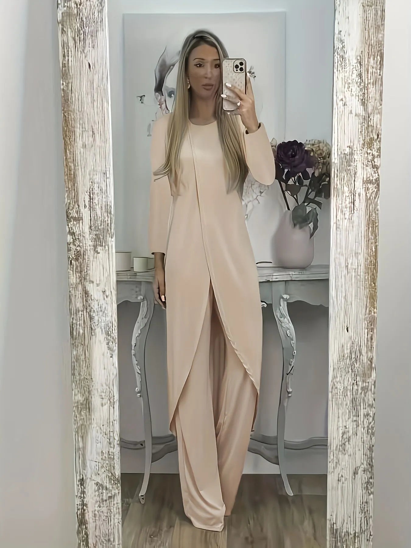 Long sleeve two-piece lounge set in black, blue, or khaki with loose round neck shirt and matching trousers