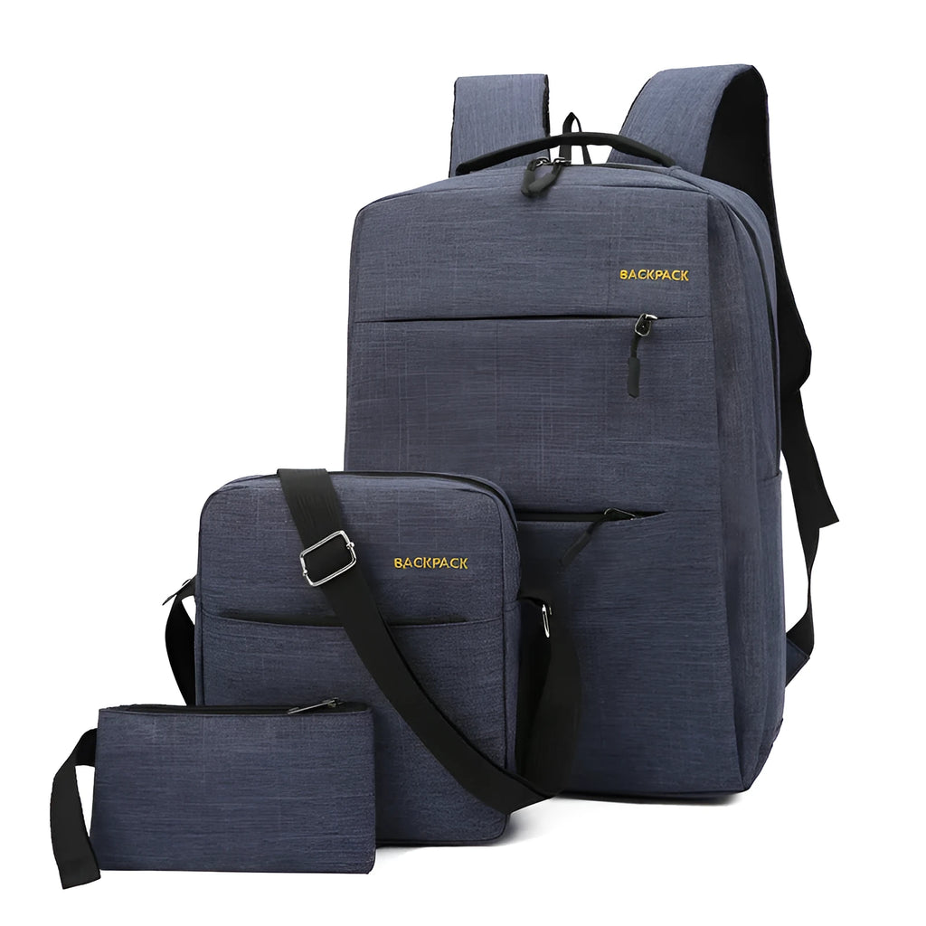 Men's three-piece computer bag set with USB charging port in waterproof nylon