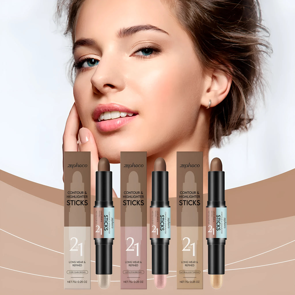 2-in-1 highlighter and concealer makeup stick in a compact, portable size.