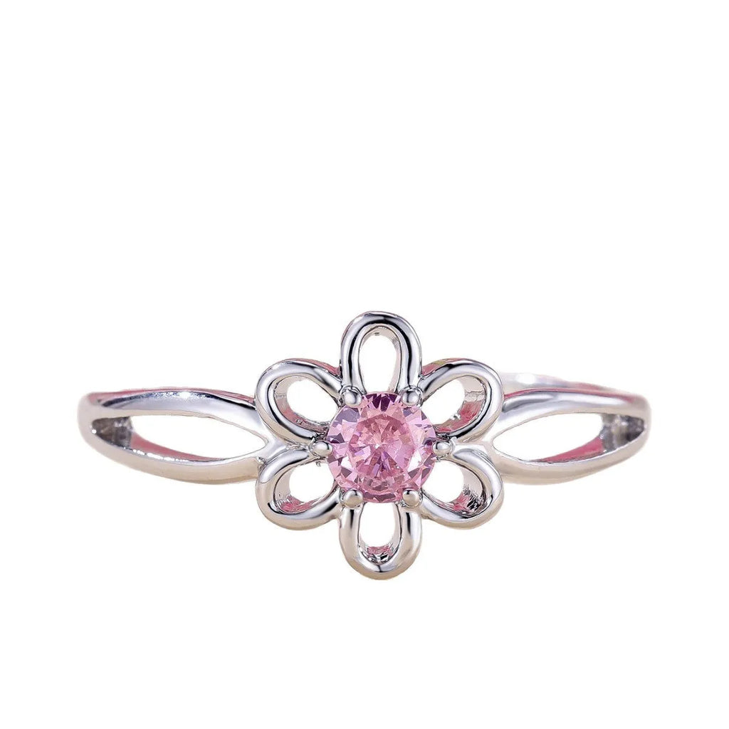 Copper fashion ring with hollowed flower design in platinum pink diamond colour