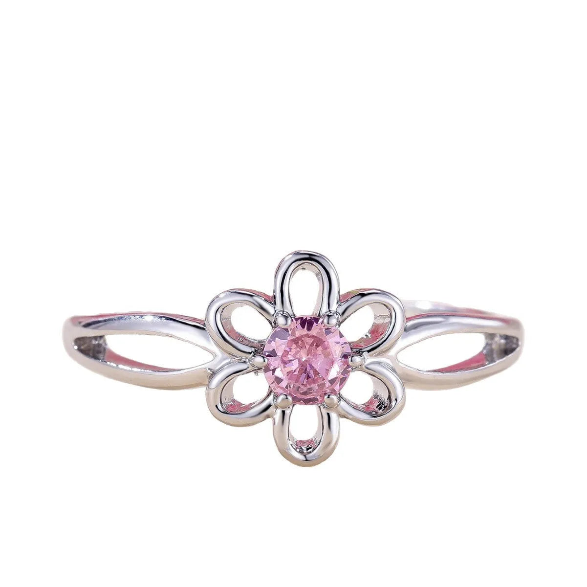 Copper fashion ring with hollowed flower design in platinum pink diamond colour