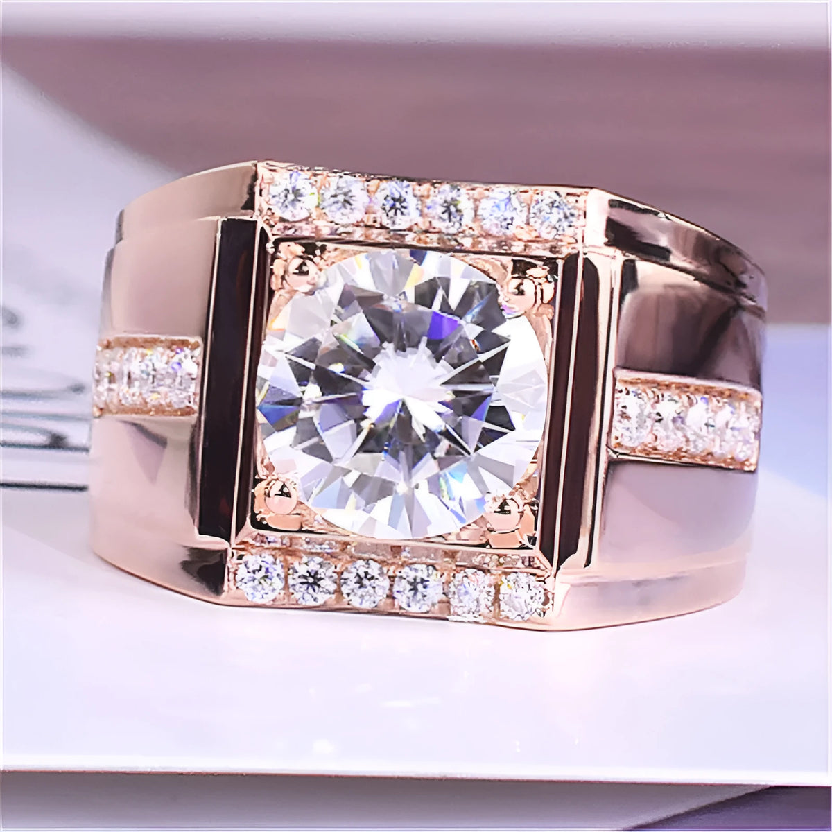 Men's adjustable open mouth ring with geometric diamond zircon in rose gold colour