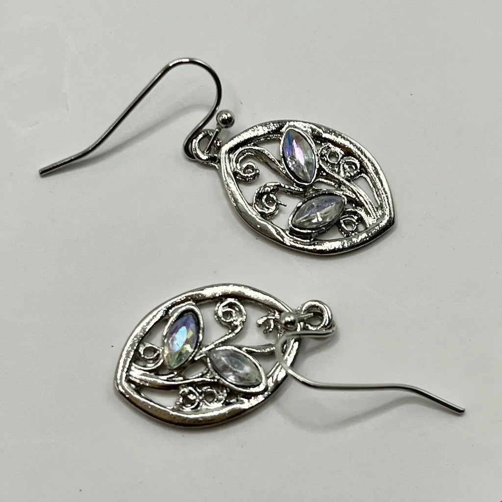 Women's silver leaf earrings with colourful embedded moonstones and alloy construction