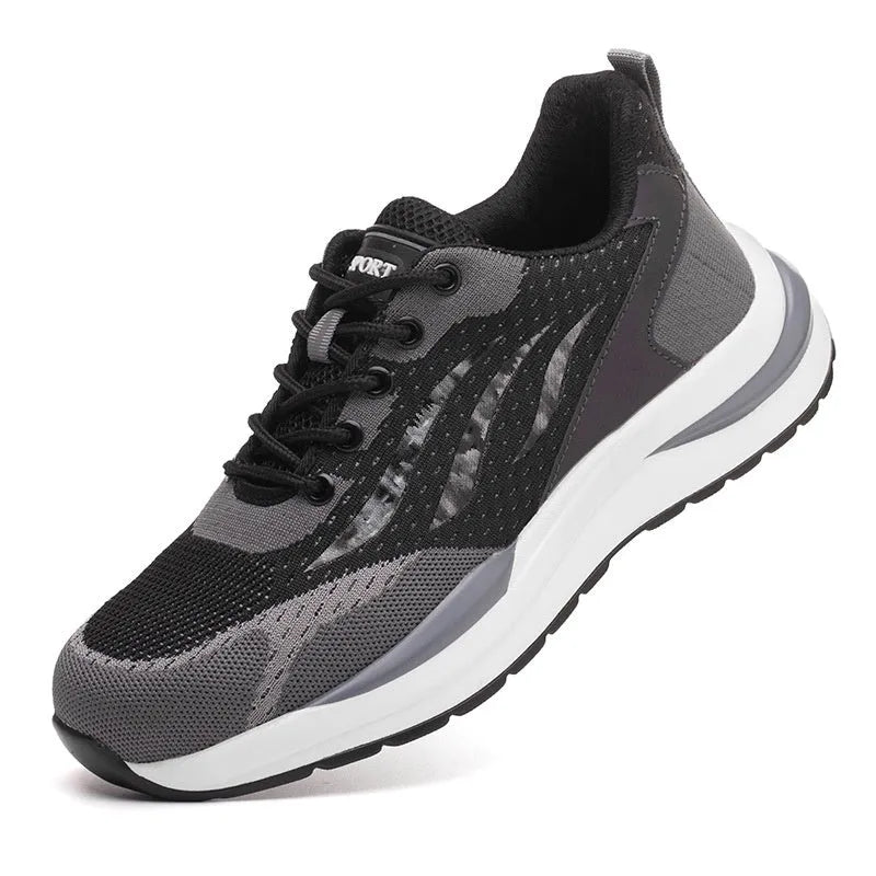 Men's black grey insulated electrician safety shoes with plastic toe, microfiber leather and flyknit mesh upper, PU sole