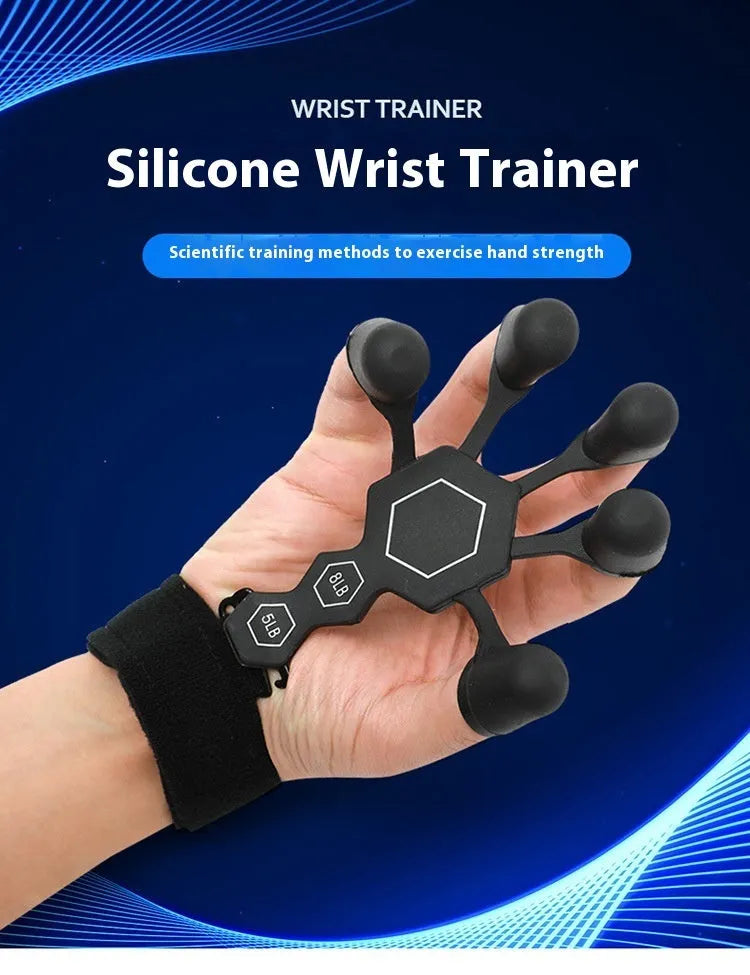 Men's silicone five-finger hand trainer in black or grey for adult grip and rehabilitation training
