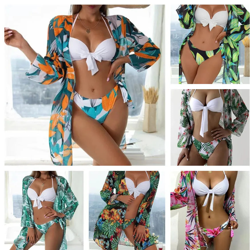 Women's three-piece bikini swimsuit set with mesh split design and cover-up coat
