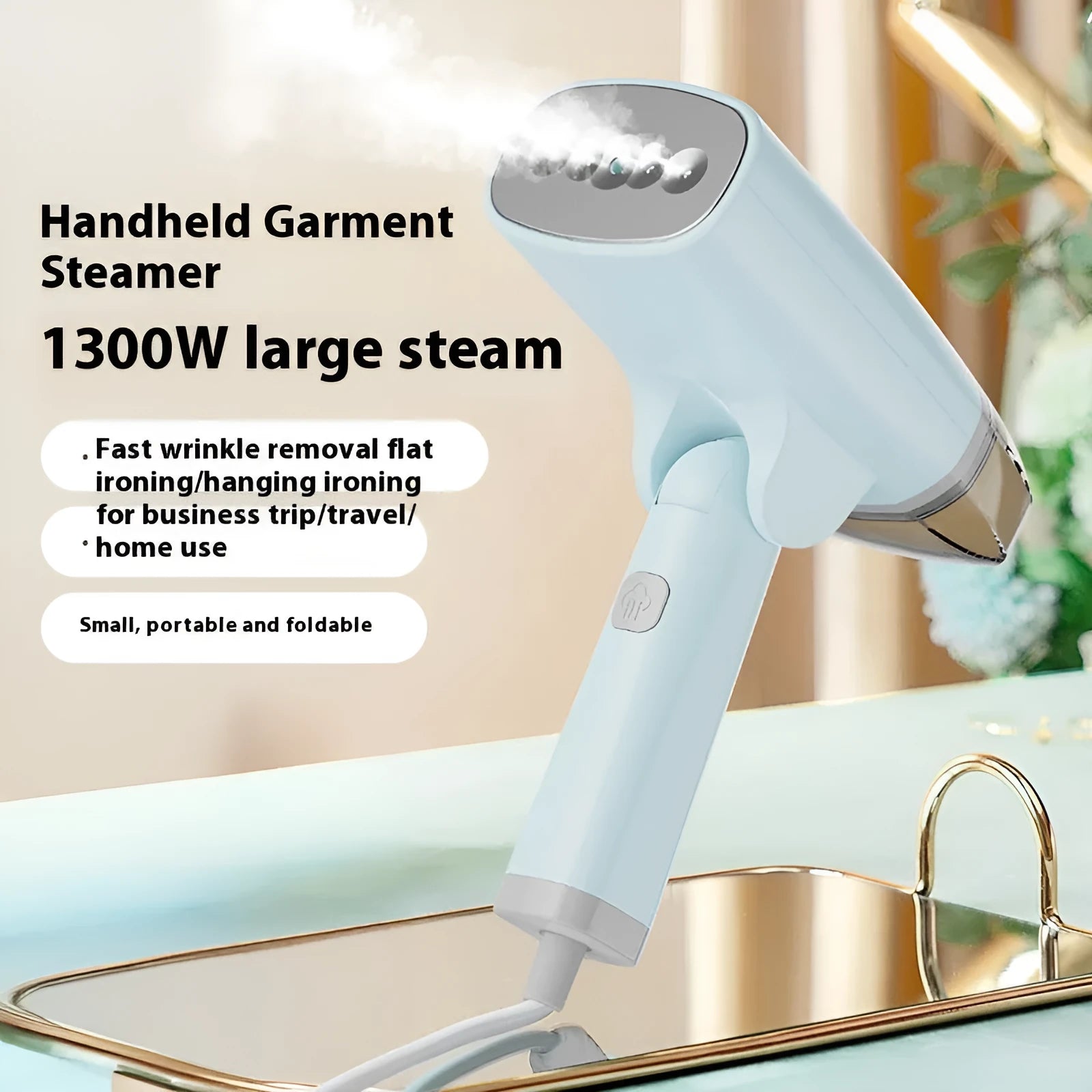 Handheld garment steamer in white or blue with compact design and water tank