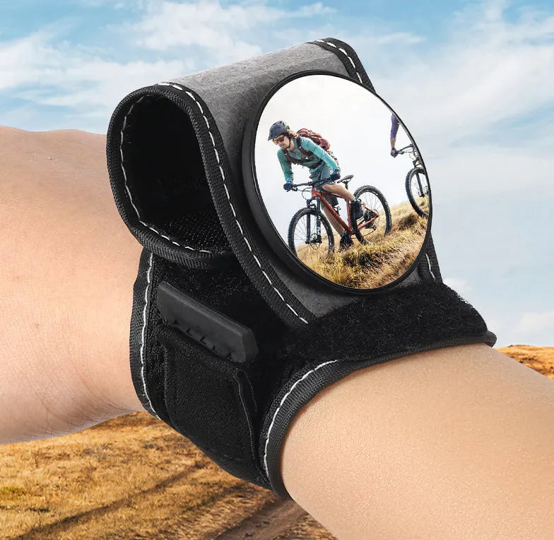 Black nylon bicycle rear-view mirror showing wrist and handlebar mounting options