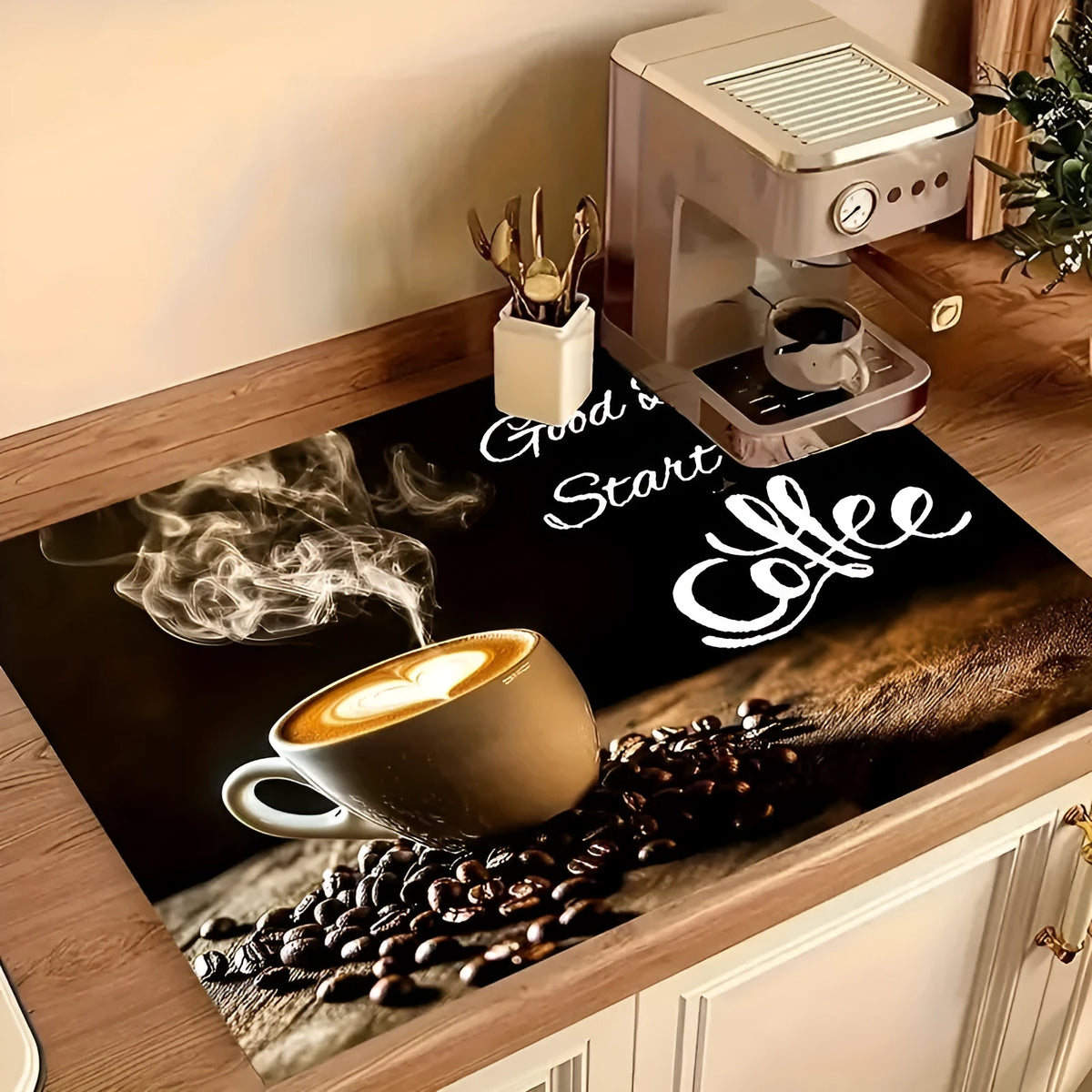 PVC kitchen countertop draining pad in square shape for coffee maker and mug, K Coffee Time colour