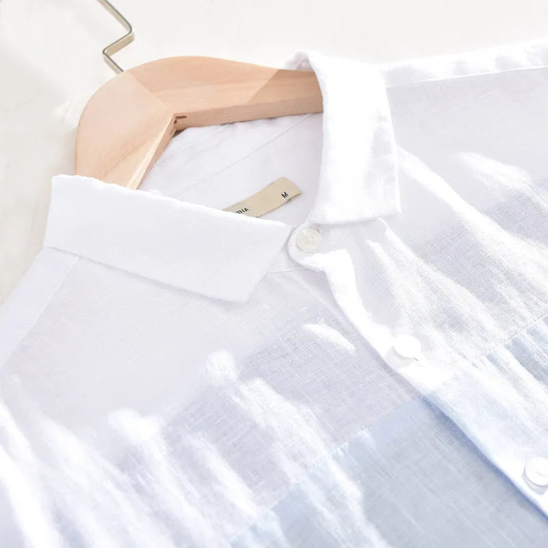 Men's white patchwork linen short sleeve shirt with square collar and loose fit, sizes M to 3XL