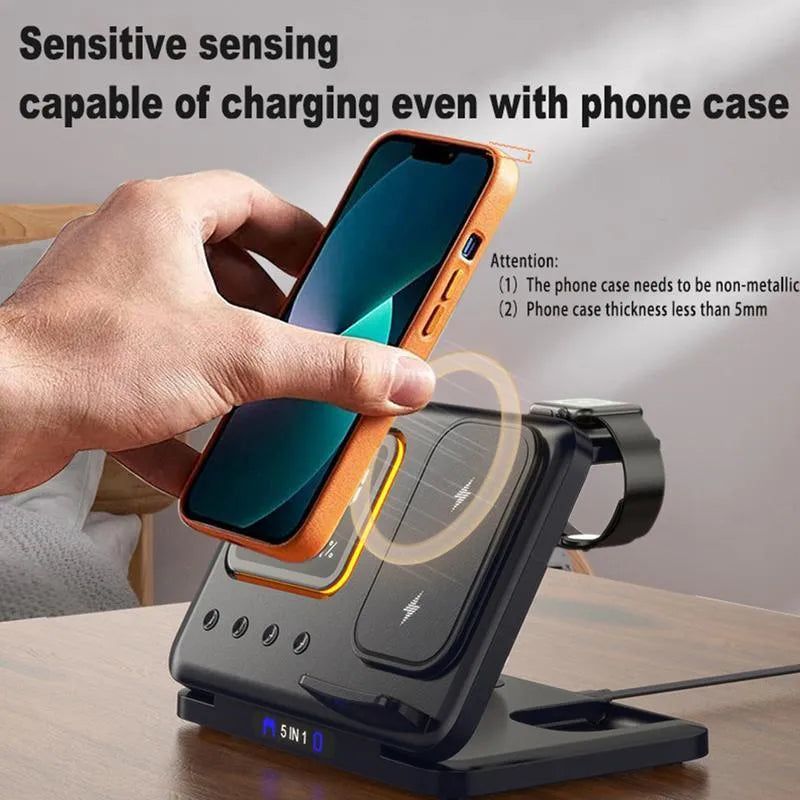 Black and white 15W wireless charging stand with LED digital display showing time, humidity and temperature readings