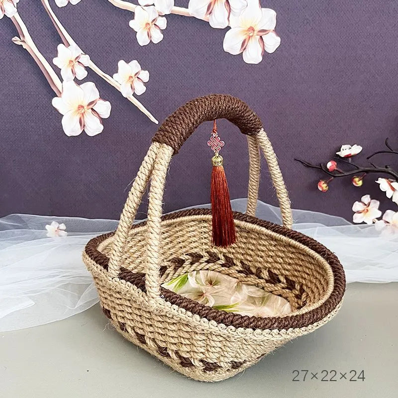Hand-woven hemp rope basket with straw lining in pastoral retro style