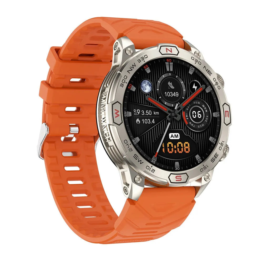 Black sports smartwatch with AMOLED screen displaying heart rate and time on a silicone strap.
