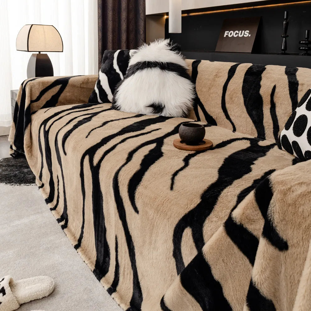 Zebra pattern flannel sofa cover and pillowcase in caramel colour on a sofa