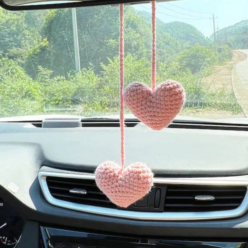 Green and white knitted wool macramé car air plant holder with hanging cord
