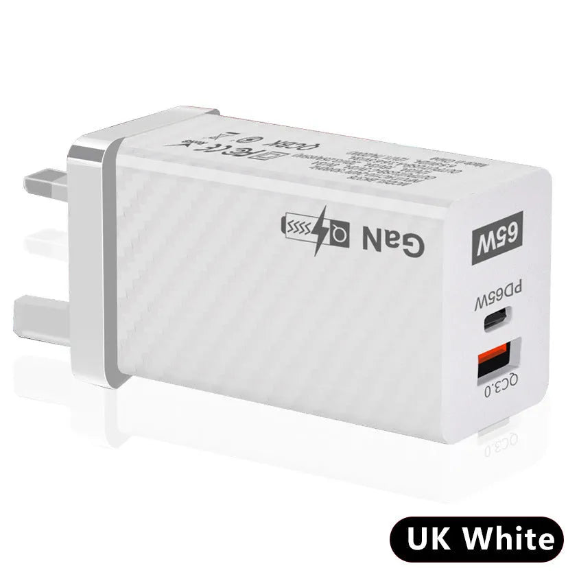 Black and white Gallium Nitride 65W USB-C charger with EU, UK, US plug attachments