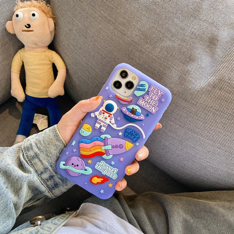 Spaceman purple silicone gel phone case with cartoon astronaut design for iPhone
