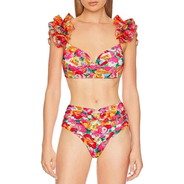 Women's floral print high waist push up bikini swimsuit for swimming