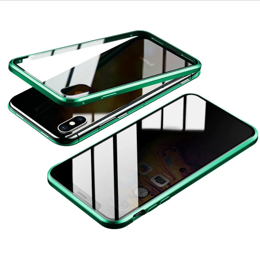 Machined glass anti-spy clamshell case for iPhone in black, silver, red, gold, green, or blue.