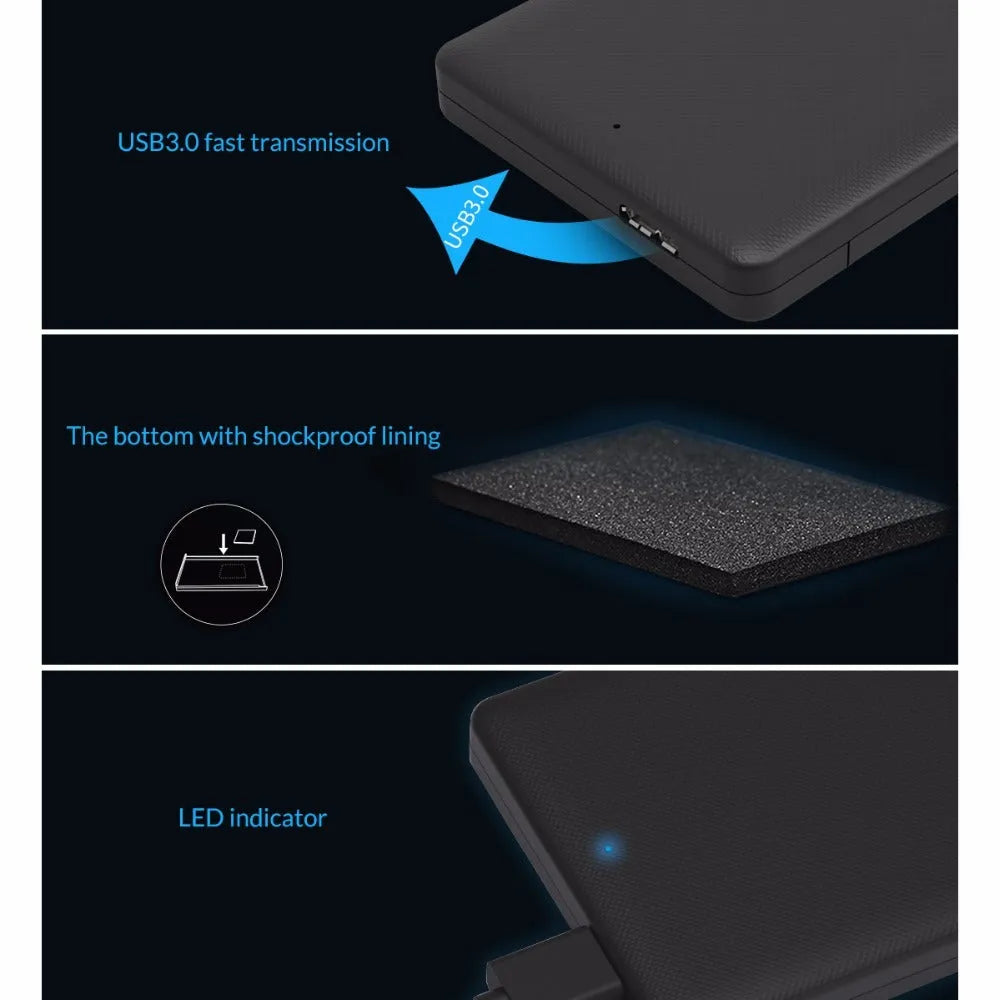 ORICO 2577U3 black ABS 2.5 inch SATA HDD SSD enclosure with USB 3.0 Micro B and SATA 3.0, 126.5 x 80 x 15mm