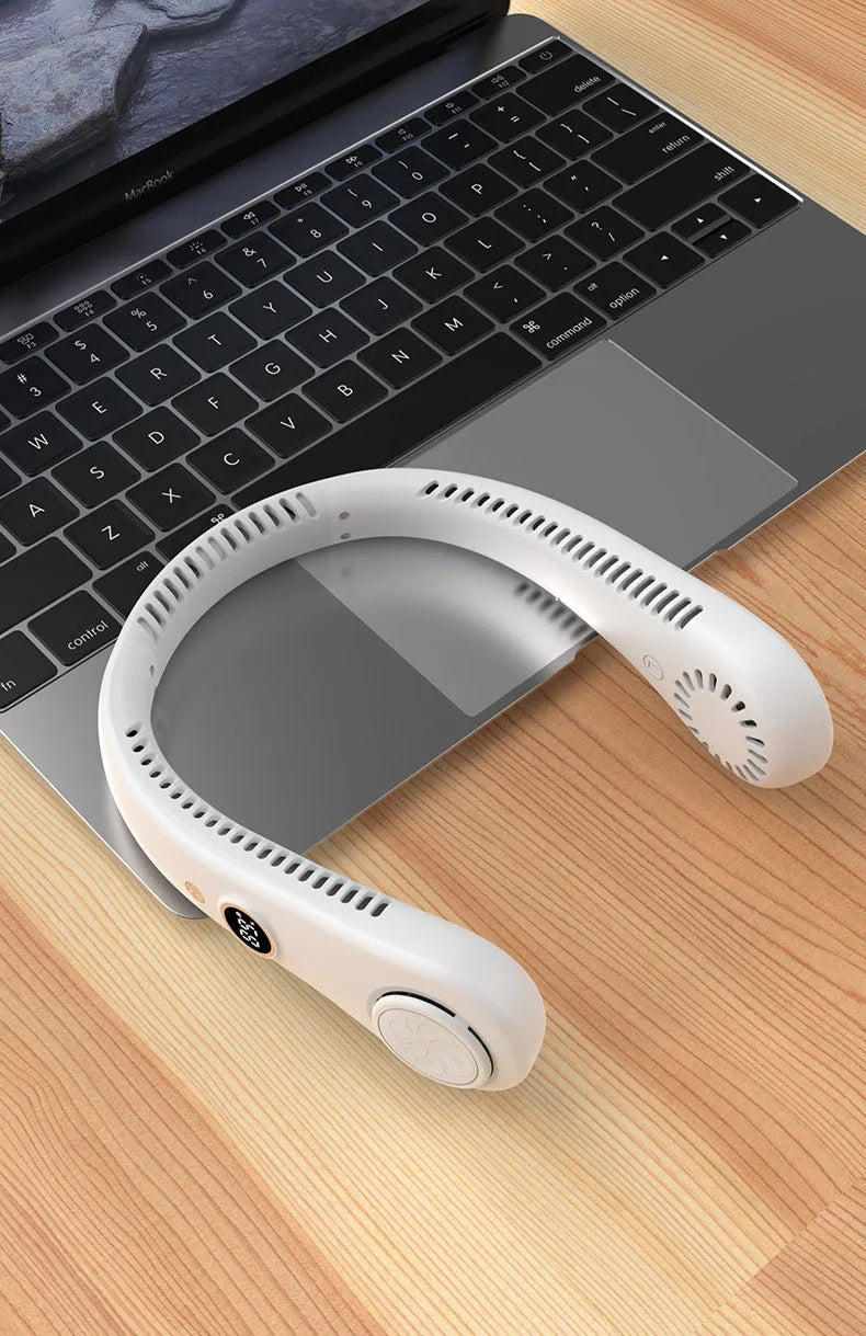 Blue USB rechargeable bladeless neck fan showing ergonomic neckband and streamlined air outlet