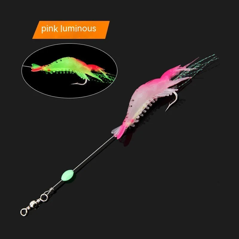 Six soft luer fishing lures with 4cm hooks in assorted colours including luminous pink and black head yellow body