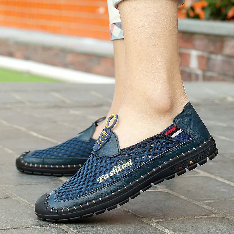 Men's brown casual breathable mesh shoes with round toe and rubber sole.