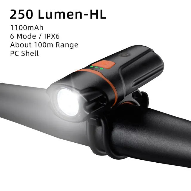 ROCKBROS black aluminium alloy bicycle headlight with 400 lumens USB rechargeable, 103x23x30mm