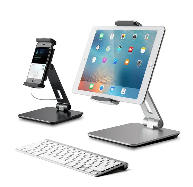 Folding aluminium phone and tablet holder with 360° rotation in black or silver
