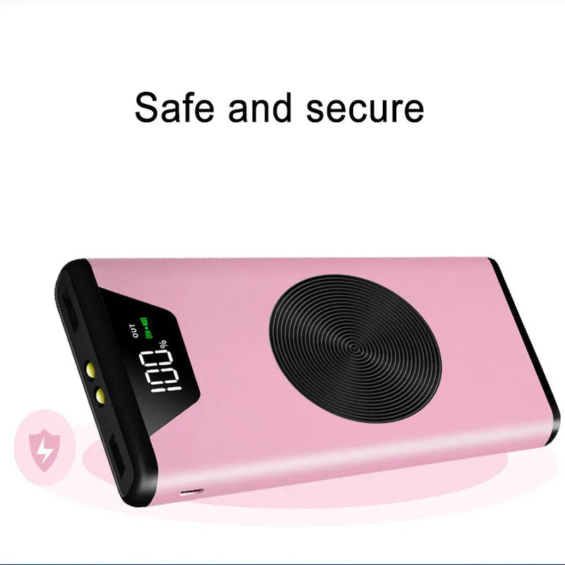 20000mAh wireless power bank in metal housing, 155x74x15mm, shown in Black, Gold, Red, and Rose Gold.