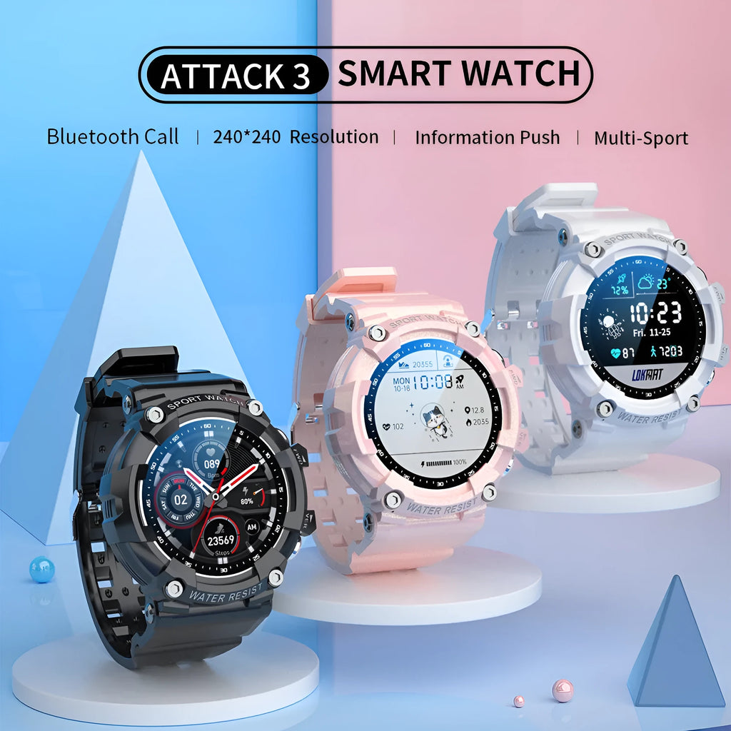 ATTACK 3 IP67 waterproof Bluetooth sports watch in black with round colour screen on a TPU strap.