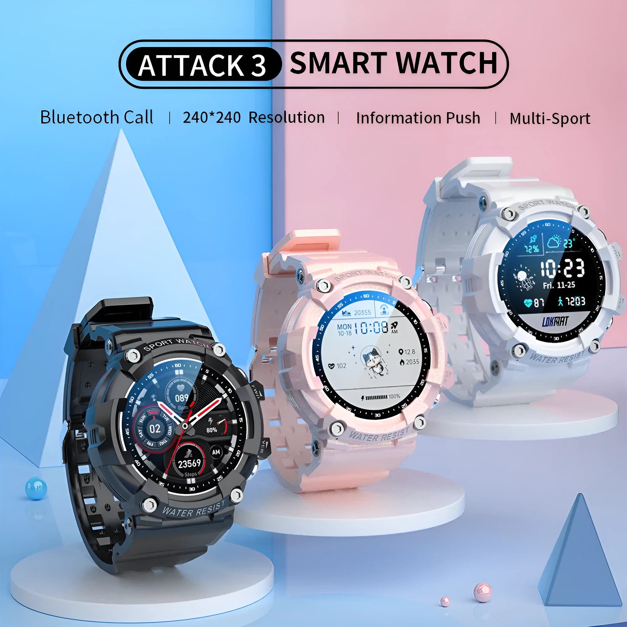 ATTACK 3 IP67 waterproof Bluetooth sports watch in black with round colour screen on a TPU strap.