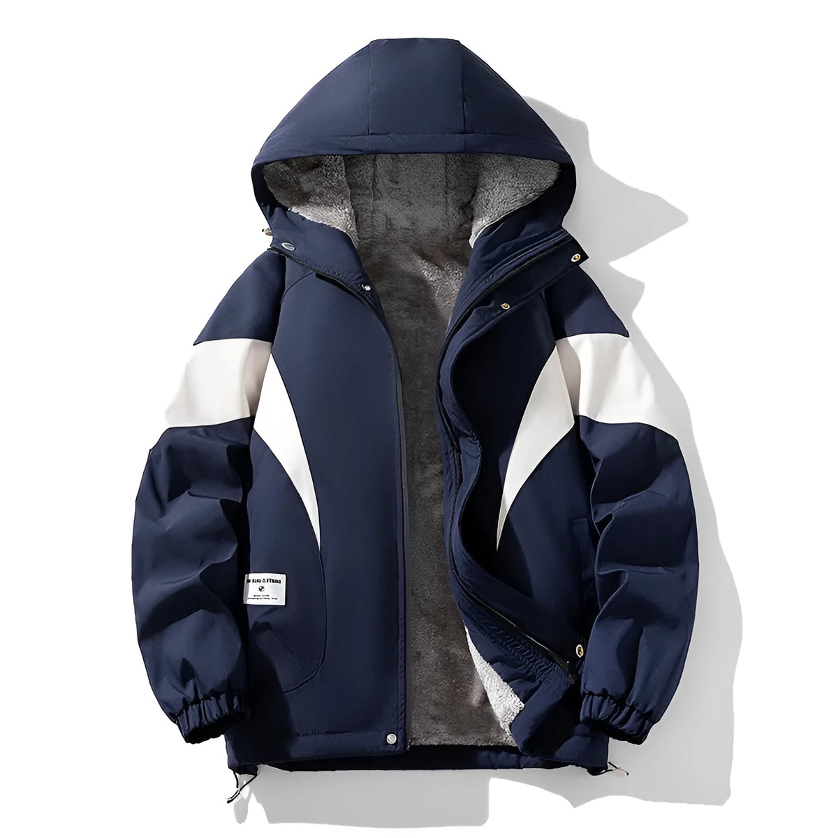 Men's fleece-lined jacket in dark blue with floral pattern and side seam pockets, sizes L-8XL.
