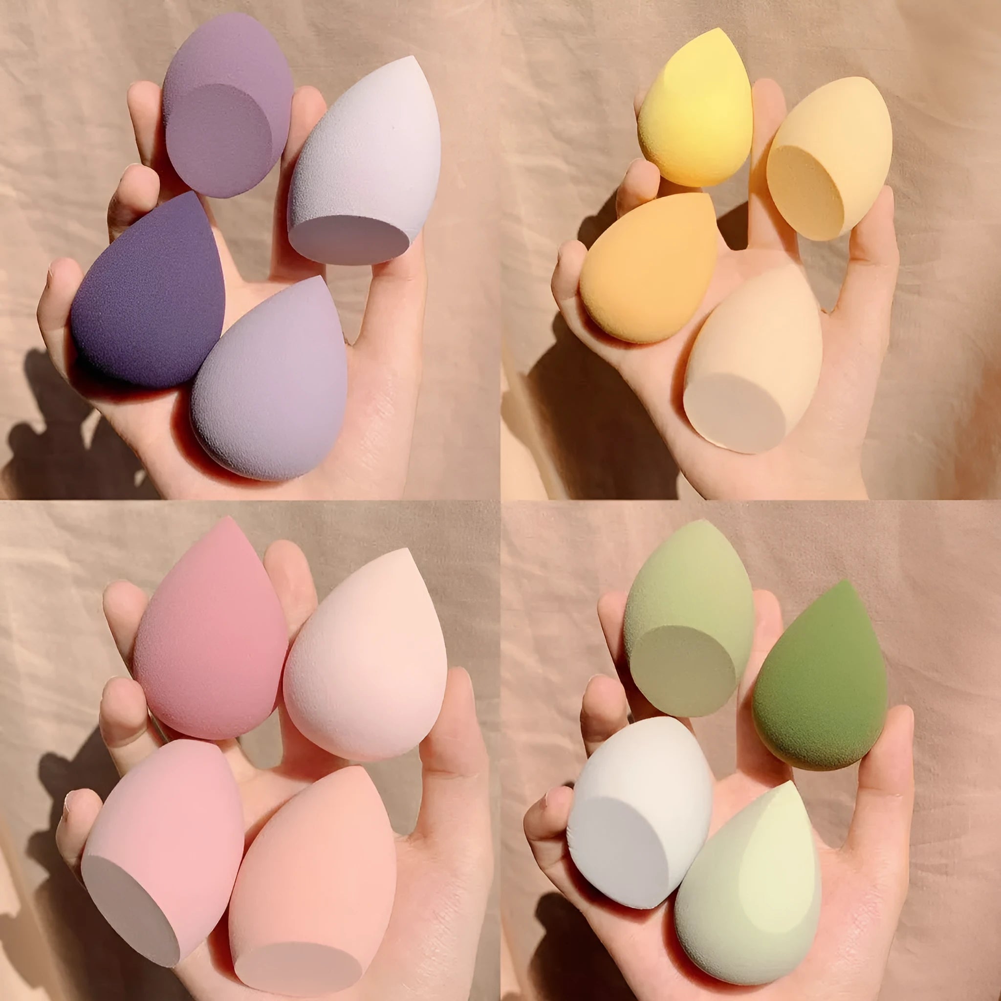 Four makeup egg sponges in grape, mango, mint, and peach peach colours arranged in a box