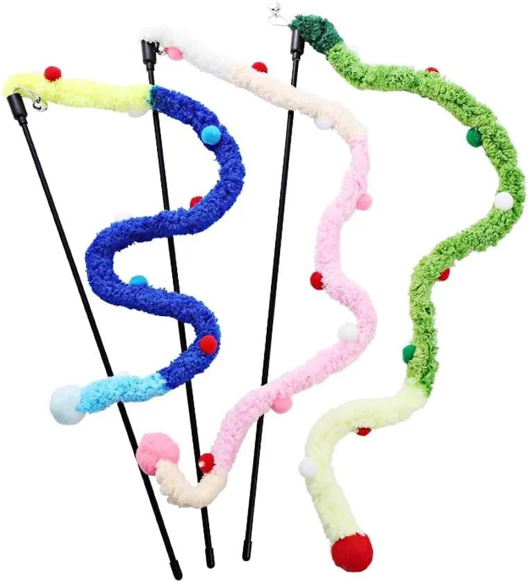 Blue interactive cat wand toy with a long plush strip and fluffy ball with bells.