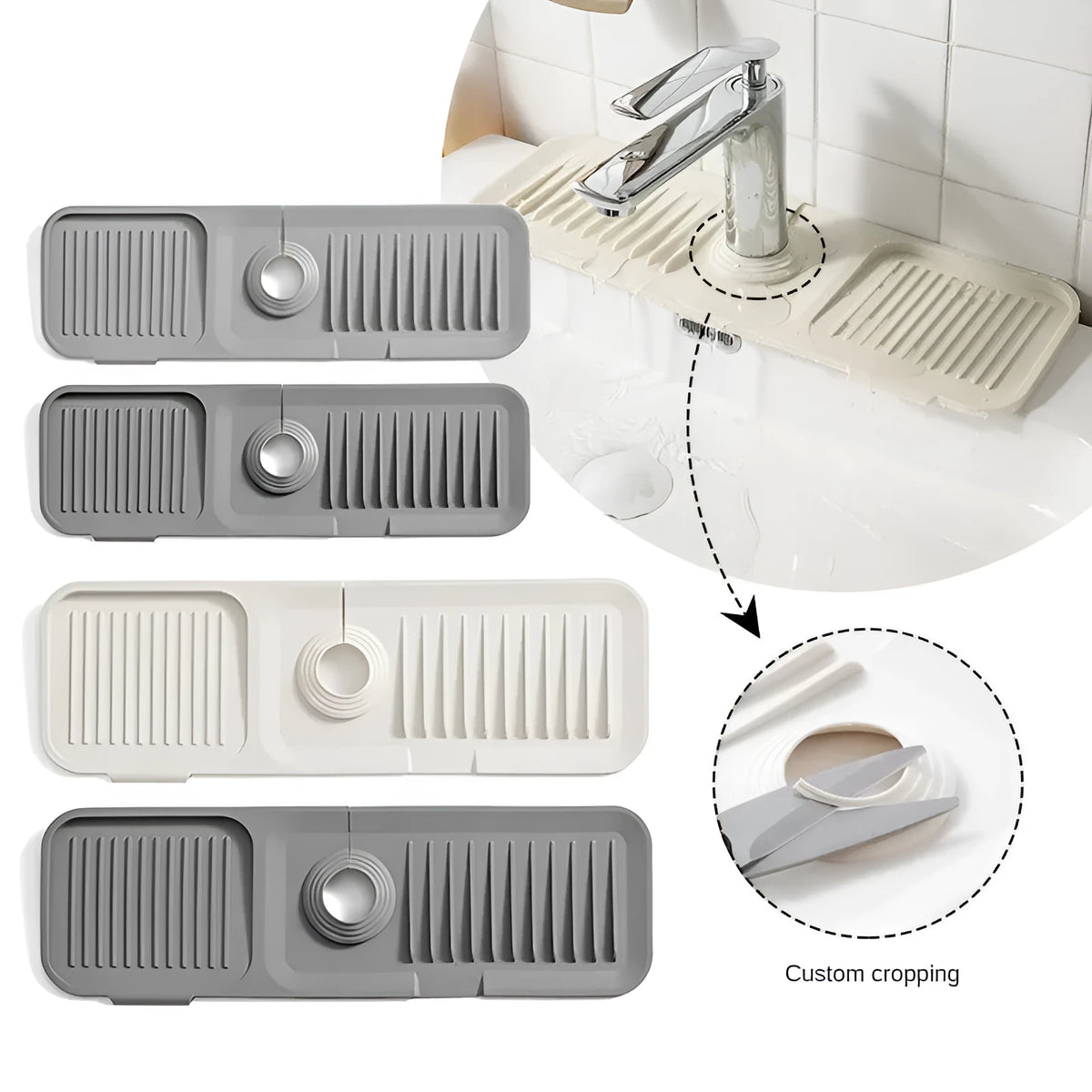 Silicone faucet splash guard pad with sloped design and drain holes on a kitchen sink