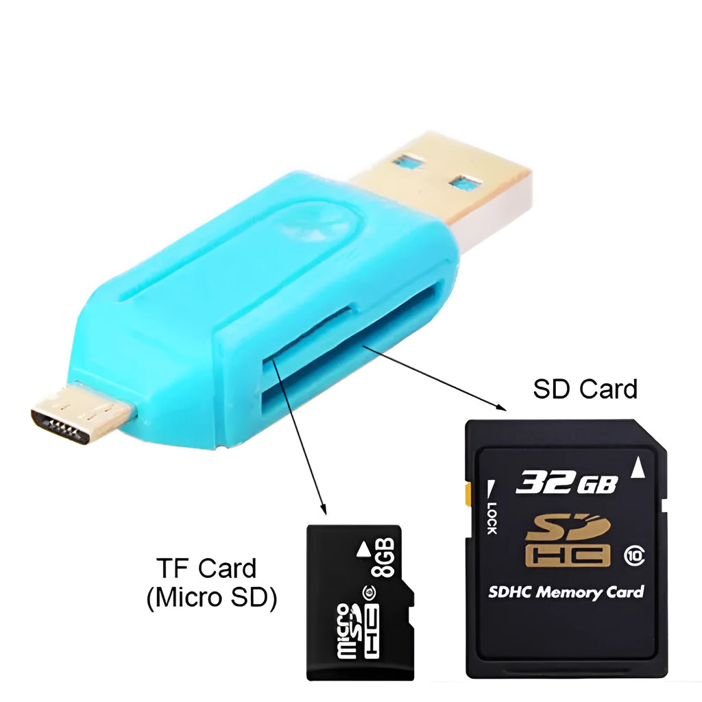 OTG dual-purpose card reader with USB and micro USB interfaces for SD and TF memory cards