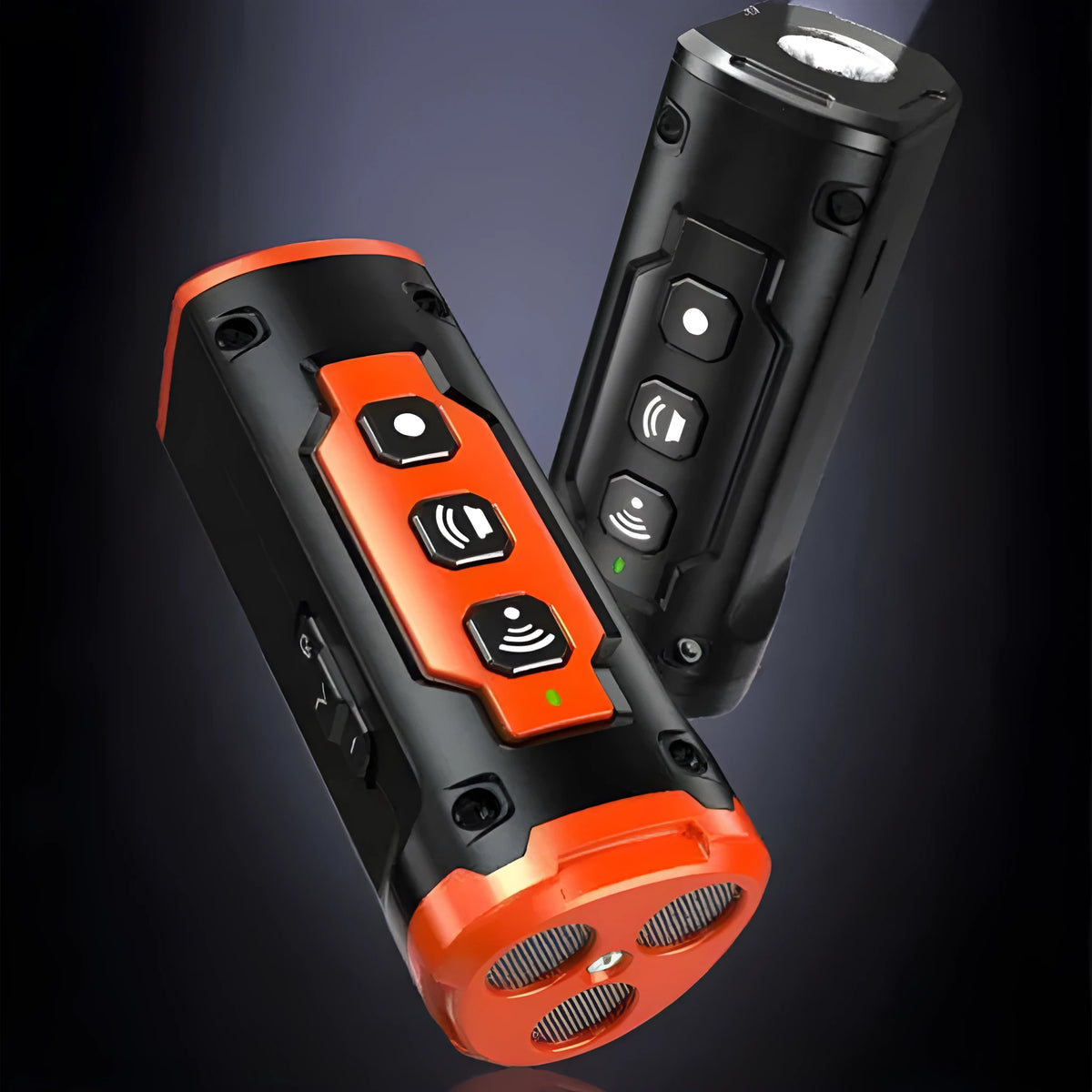 Three-head ultrasonic dog repellent device with spray, plastic handheld, 11x5x5cm, black colour