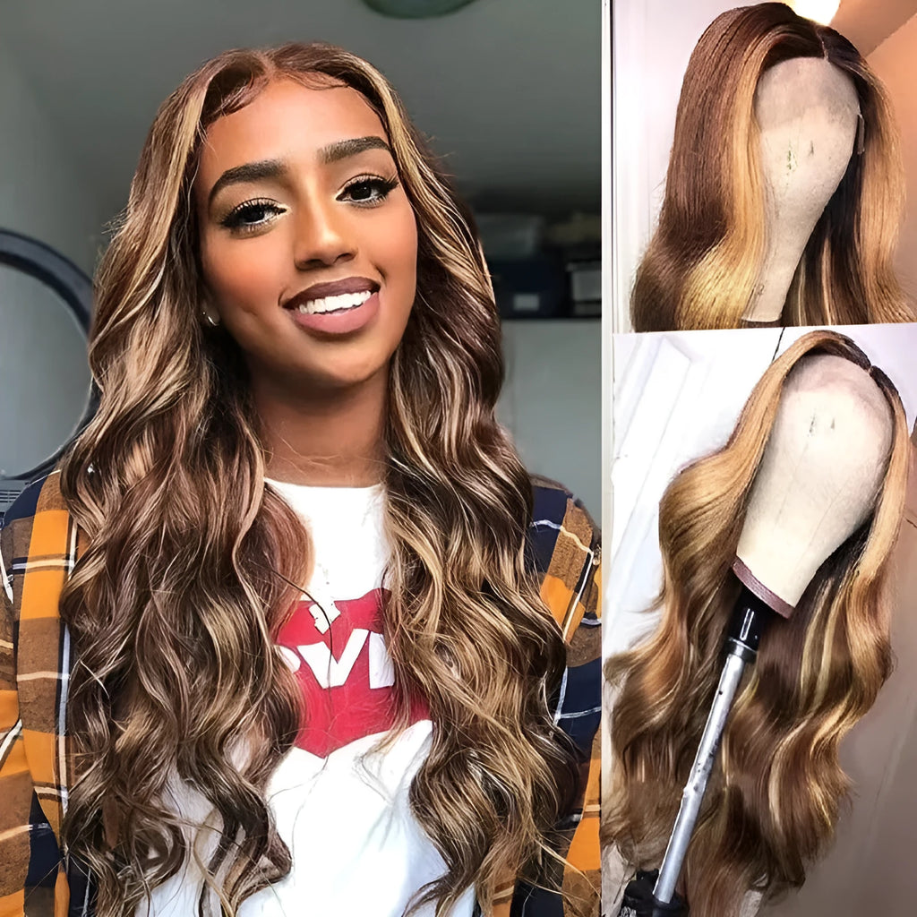 Front lace synthetic wig with long curly hair and side bangs in a piano colour.