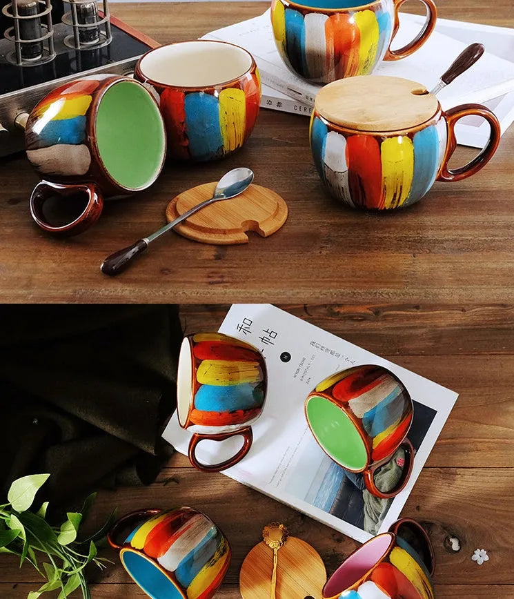 Handmade ceramic cup with lid and spoon, 350ml European style mug in vibrant blue, bright green, yellow, or pink