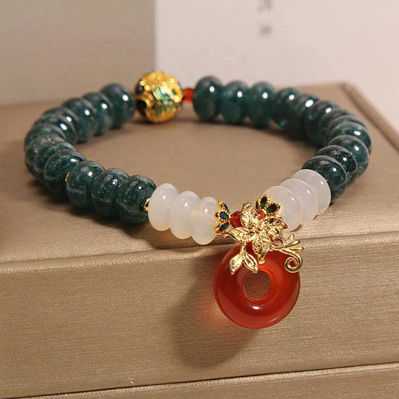 Blue water jade abacus beads and red agate peace buckle crystal bracelet with rhinestones